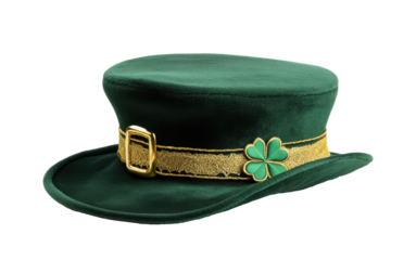Green leprechaun hat with gold trim and shamrock