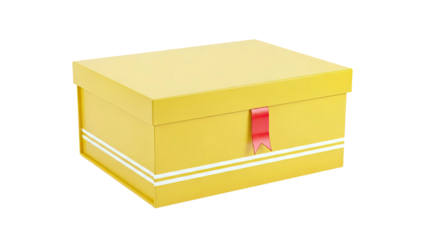 Yellow gift box with red ribbon and white stripes