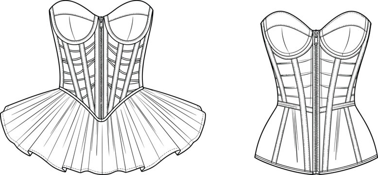 Corset bustier technical drawing with front and back views, zipper closure, boning details, peplum hem fashion sketch