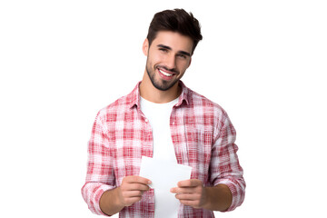 Smiling young man holding blank greeting card mockup for Valentine's Day, isolated on transparent background