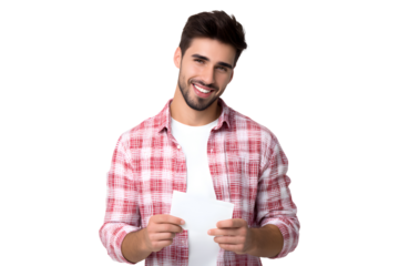 Smiling young man holding blank greeting card mockup for Valentine's Day, isolated on transparent background