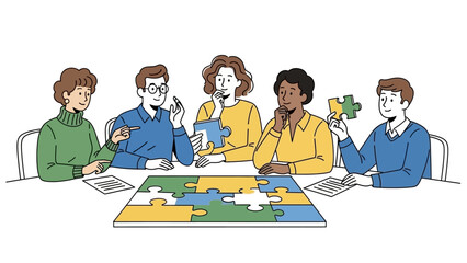 Diverse group solving 8d054359 puzzle together around table with pieces and jigsaw