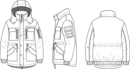 Front, side, and back technical fashion flat sketch of hooded winter jacket with multiple utility pockets, drawstring waist, and insulated design © MSTMONIRA