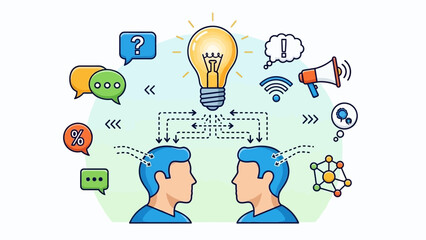 Two individuals facing each other with icons representing communication and ideas surrounding them in a digital environment from a straightforward viewpoint