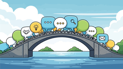 Characters on bridge with 7fea5d60 communication symbols crossing over water under a bright blue sky with fluffy clouds