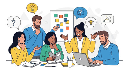 Team brainstorming session around table with diverse professionals discussing ideas and concepts illustrated in the image 8bede14a