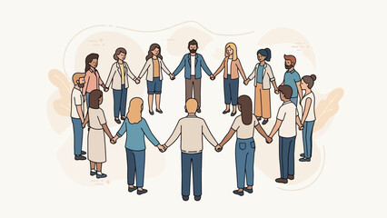 Diverse group of people standing together in a circle holding hands in unity and solidarity