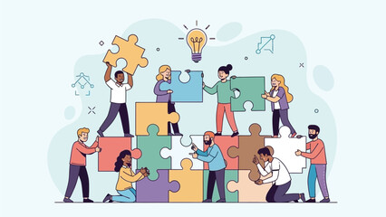Teamwork and Collaboration Illustrated with People Assembling Puzzle Pieces Together
