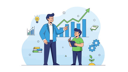 Two professionals analyzing business growth charts and data trends together in a modern office setting