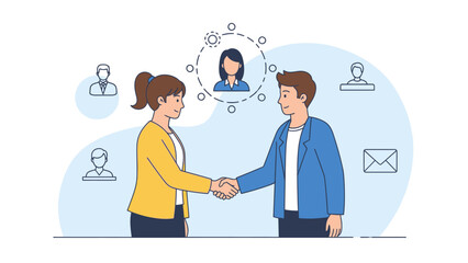 Business professionals shaking hands with communication icons and people silhouettes in the 5fb1ef5f background