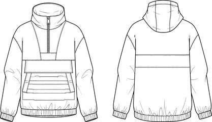 Hooded anorak jacket technical fashion sketch front and back view, half zip pullover windbreaker design template illustration © MSTMONIRA