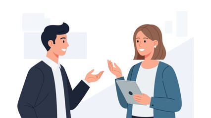 Man and woman collaborating on a project using a digital tablet in a modern office environment