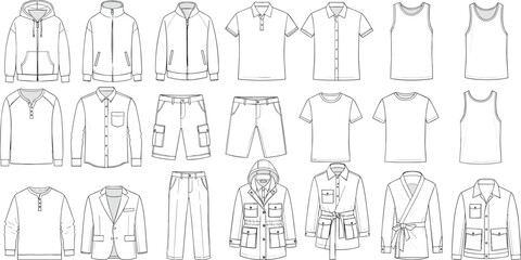 Men clothing fashion technical sketch set with jacket hoodie polo shirt t-shirt shorts pants and outerwear outline vector © MSTMONIRA