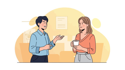 Colleagues discussing at office with documents and coffee in a collaborative workspace environment viewed from the side