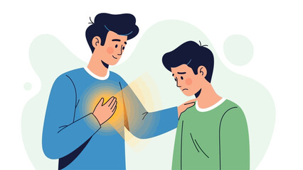 Two men in emotional connection, one consoling the other, with 02da1e62 gesture, vector illustration, digital art, close-up, soft lighting