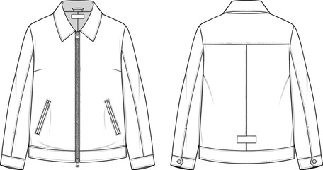Men jacket technical sketch front and back view, zip up collared outerwear template outline vector for fashion design © MSTMONIRA