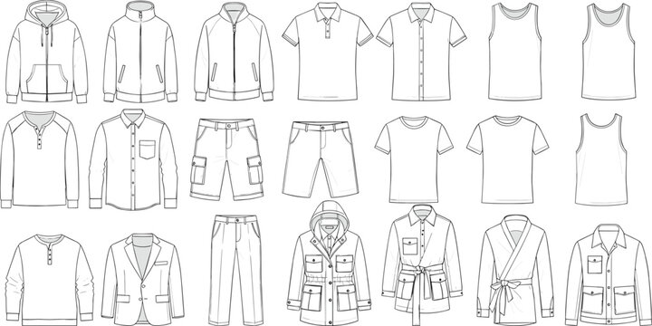 Men clothing fashion technical sketch set with jacket hoodie polo shirt t-shirt shorts pants and outerwear outline vector