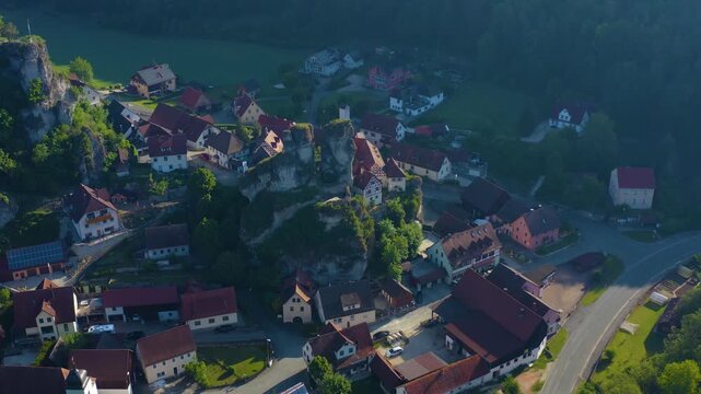 Aerial view of the city part Pottenstein im Tal  in Germany on a sunny morning in spring. 