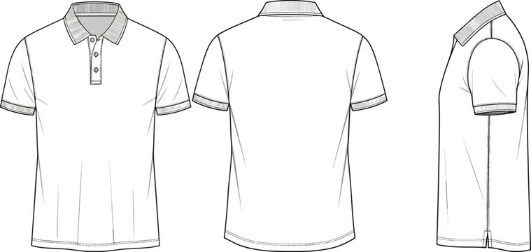 Polo shirt template with front back and side view, blank collared short sleeve apparel mockup outline vector design