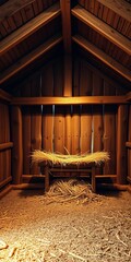 Wooden stable illuminated by a soft glow, straw-filled manger central,  manger,  faith