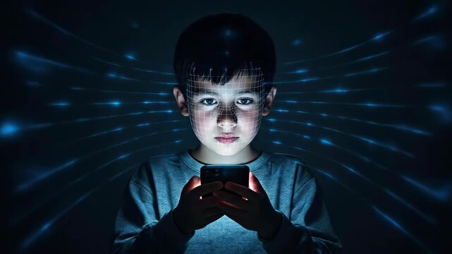 Face recognition authentication. Biometric. Security system. The child identifies themselves on the smartphone.
