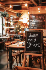 Chase your dreams message in a cozy cafe interior