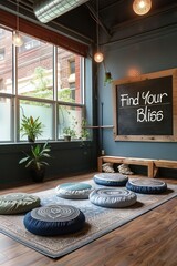Meditation space with find your bliss sign in modern room