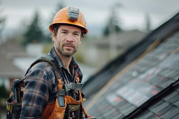 Construction worker in safety harness performing roofing tasks outdoors