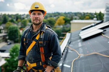 Roofer in safety harness inspecting rooftop under overcast sky