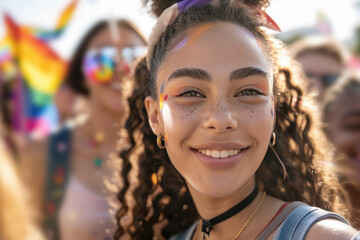 Woman with curly hair smiling at LGBTQ pride rally