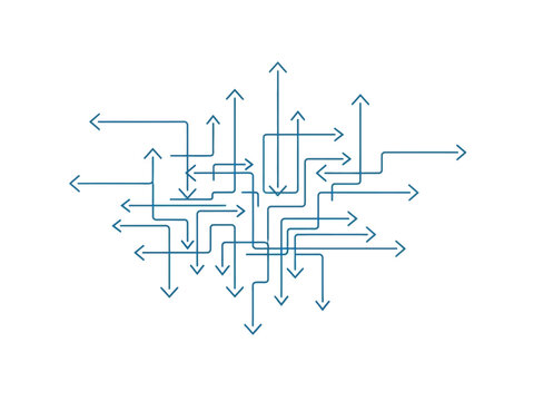 Blue interconnected lines with arrows forming a complex directional network