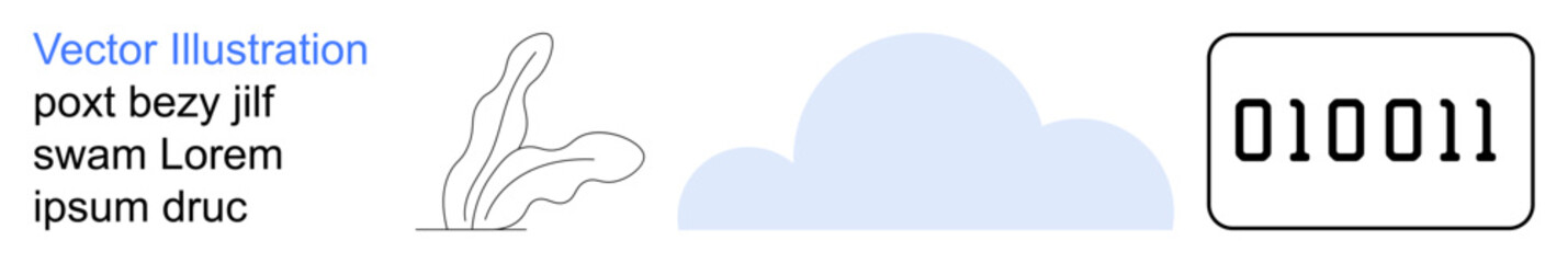 Data analysis, cloud computing, binary code, digital storage, tech design, online information. Abstract cloud, binary code 010011 and minimalist plant outline. Data analysis and cloud computing