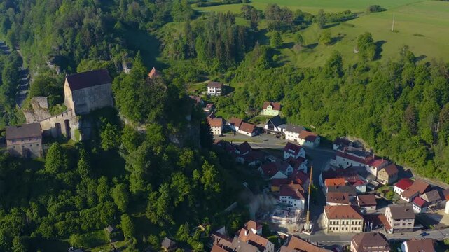 Aerial view of the city part Pottenstein im Tal  in Germany on a sunny morning in spring. 