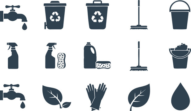 Household Cleaning and Recycling Icons Set with Water Taps, Brooms, Spray Bottles, Buckets, Sponges, Gloves, and Eco Leaves Vector Illustration