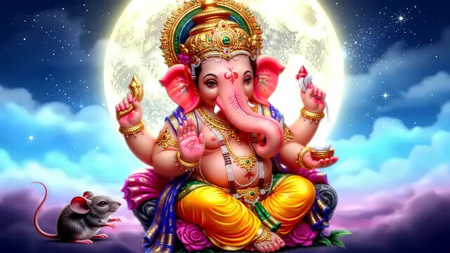 Hindu deity Ganesha with mouse  moon.