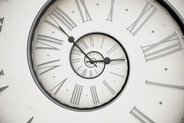 Vintage distressed white spiral clock dial with roman numerals. Concept of Infinite time, deadline,...