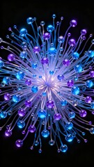 A vibrant abstract burst of glowing blue and purple spheres connected by delicate filaments against a black background.