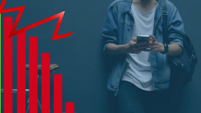 Animation of red graph moving over man with bicycle using smartphone