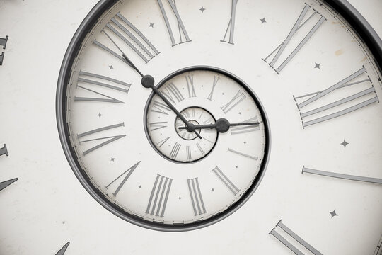 Vintage distressed white spiral clock dial with roman numerals. Concept of Infinite time, deadline, scheduling, time and space, past, present and future.