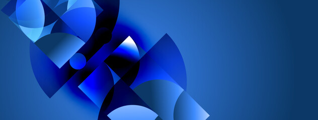 Abstract blue shapes overlap, creating dynamic composition. Gradient shades suggest depth, modern aesthetic. Minimalist design.