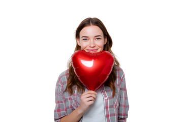 Smiling woman holding red heart balloon for Valentine's Day, isolated on transparent background