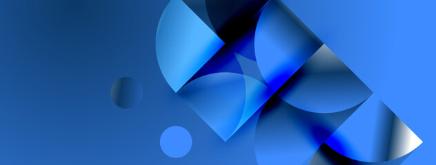 Abstract blue shapes overlap, creating dynamic composition. Smooth gradients suggest light, depth, modern aesthetic. Minimalist design.