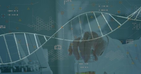 Animation of spinning dna strand an data processing over caucasian scientist in laboratory - Powered by Adobe
