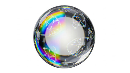 3D render of a transparent sphere with rainbow prismatic refractions and iridescent bubble patterns isolated on a white background