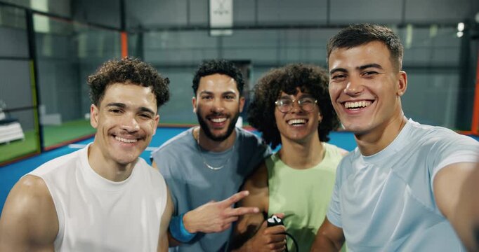Padel, face and men with training, selfie and bonding together with sports, game and profile picture. POV, people or friends with photography, social media post or capture memory with peace sign