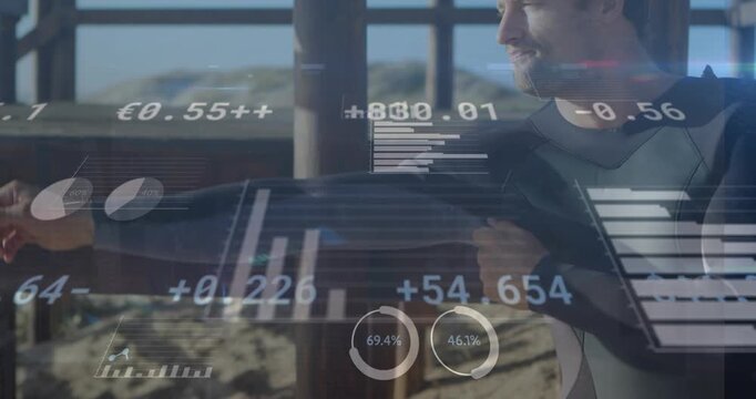 Animation of digital data processing over caucasian surfer