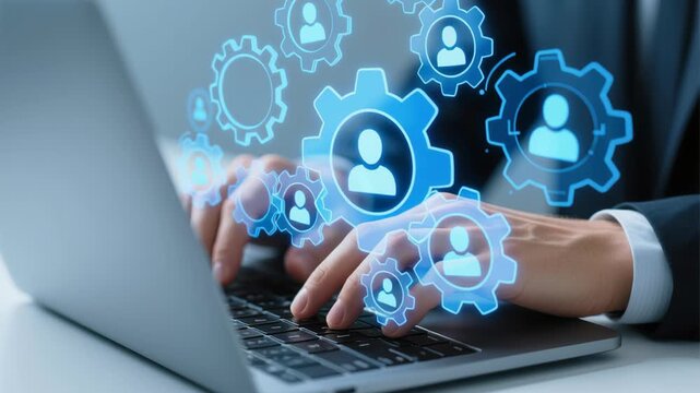 Workforce management. Collaboration and teamwork in remote work. Human resources and employee engagement. Manager using laptop computer to manage team performance