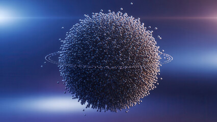Abstract spherical cluster of thousands of small dark blue particles floating in a cosmic blue space with light flares