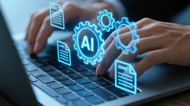 AI-driven document automation solution. Document and text generation with NLP. Intelligent document processing and data extraction. Businessman using RAG on laptop computer