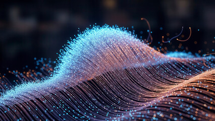 Abstract 3D wave of glowing fiber optic cables and sparkling particles in blue and orange colors against a dark background representing high speed data transmission